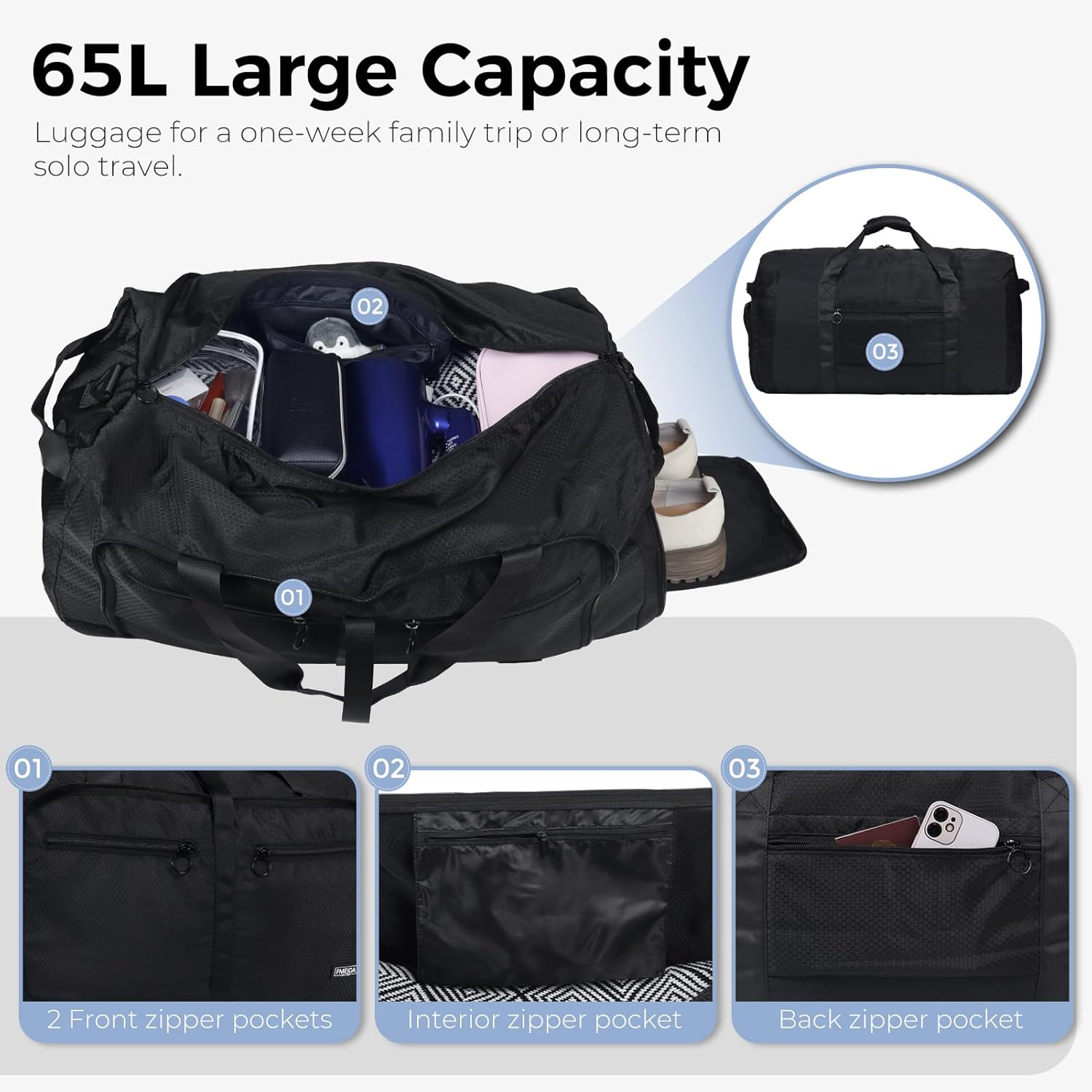 fmeida-duffle-bag-reisetasche-65l-schwarz-schuhfach-faltbar image 4