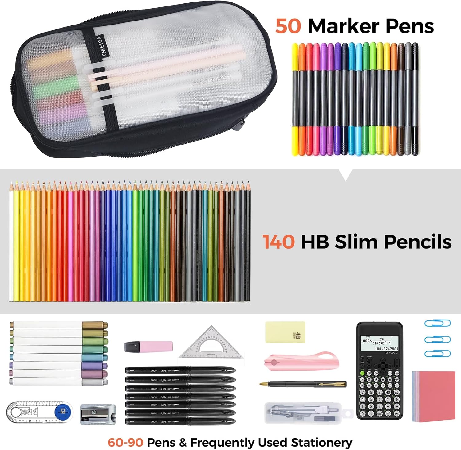 fmeida-grid-mesh-pencil-case-federmappe-schwarz-wei-4-f-cher image 5